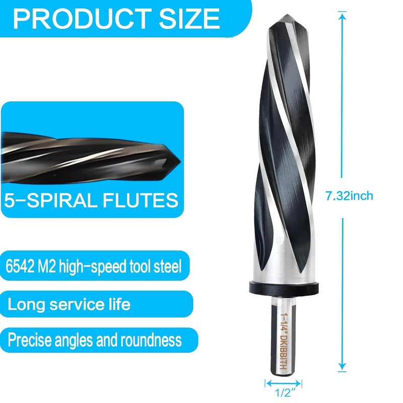 DKIBBITH 1-1/4" Bridge Construction Reamer Drill Bit, M2 HSS Taper Chucking Reamer for Steel Alloy Metal Wood Plastic, 1/2" Non-Slip Shank, 5-Spiral Flutes Car Reamer, to Align or Enlarge Holes, 32mm - Image 2